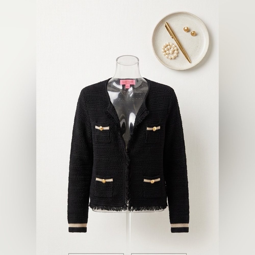 Lilly Pulitzer Black Crochet Knit Fringe Cardigan Jacket Gold Button